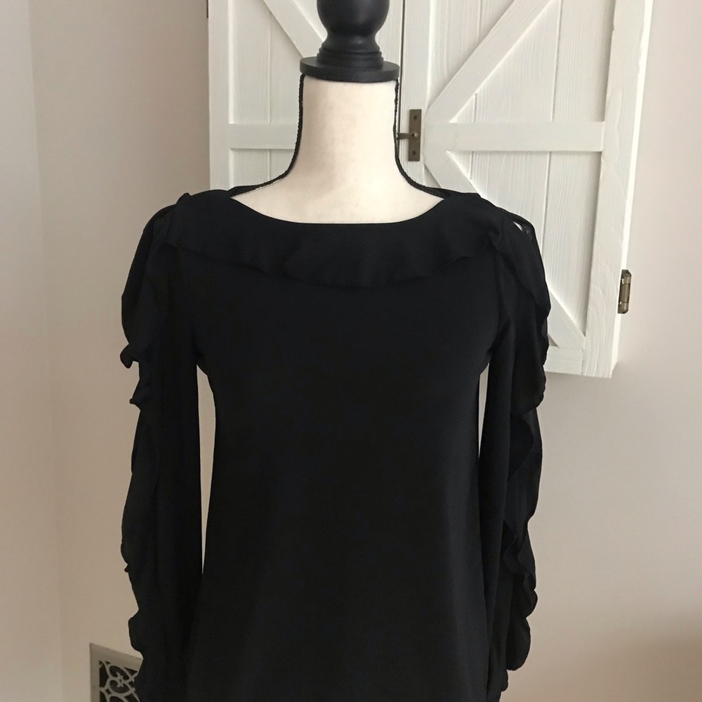 Black ruffle sleeve blouse top. Cold shoulder. Size XSP. New without Tags